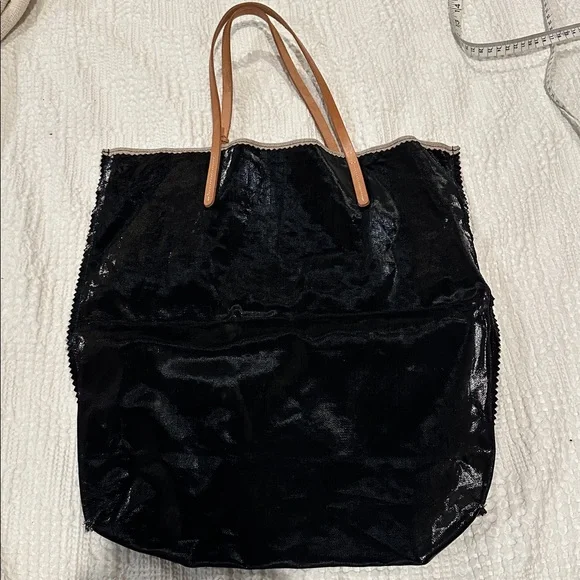 JACK GOMME Paris Amie Linen Tote Bag Black with honey trim NWOT - Picture 7 of 11